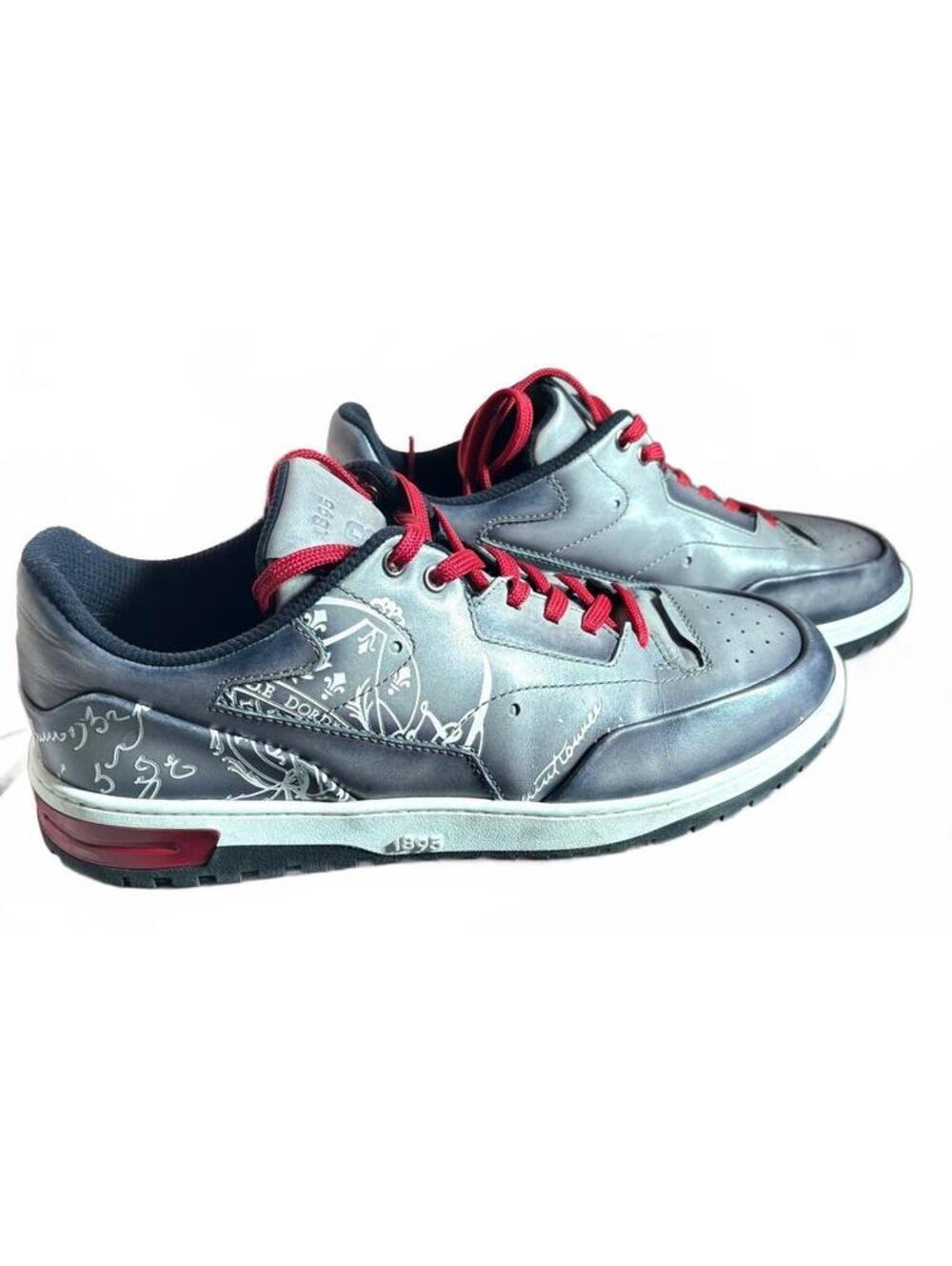 Berluti Fast Track Gray Leather Sneakers with Red Laces and Signature Script